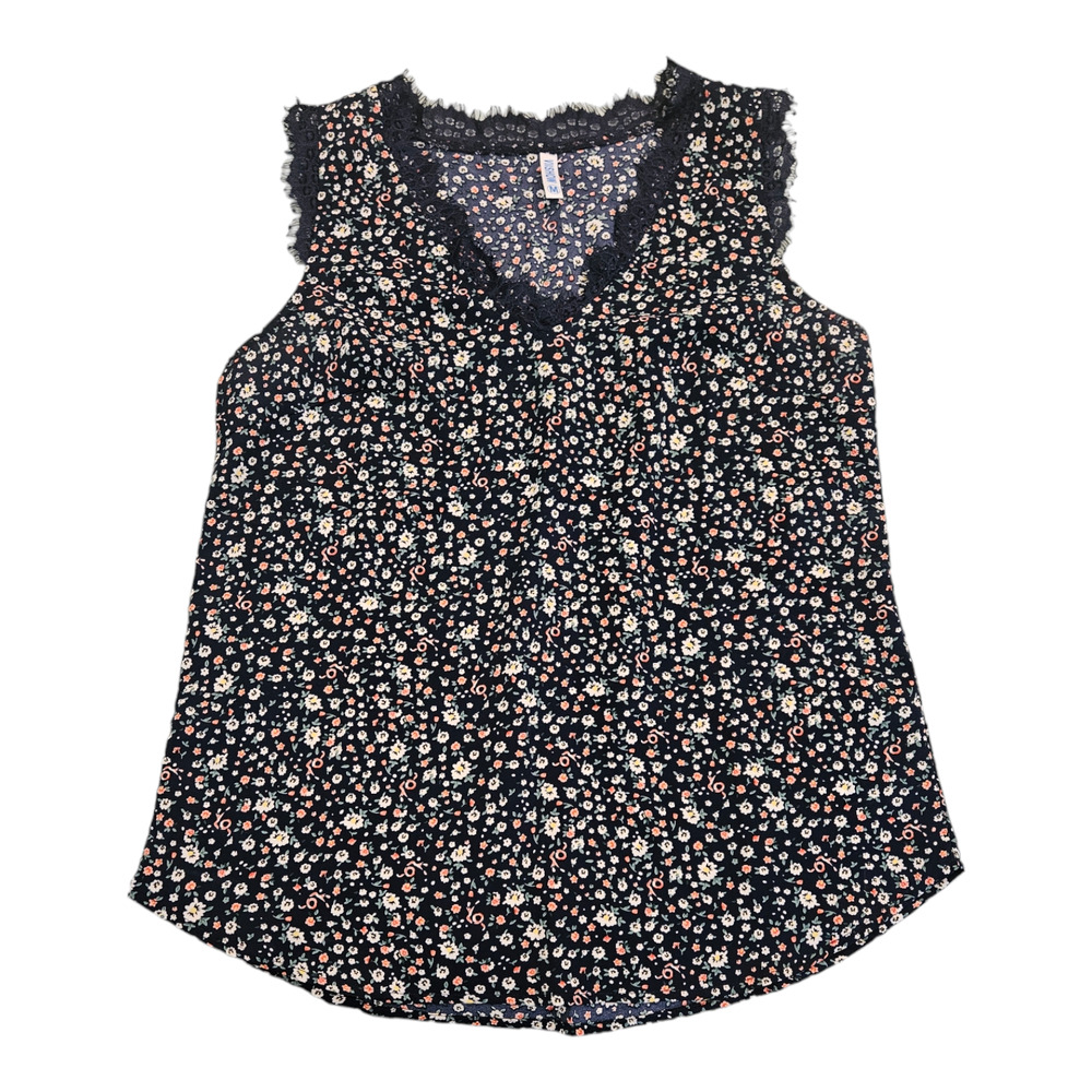 Viishow Medium Sleeveless Floral V-Neck Lace Trim Shirt